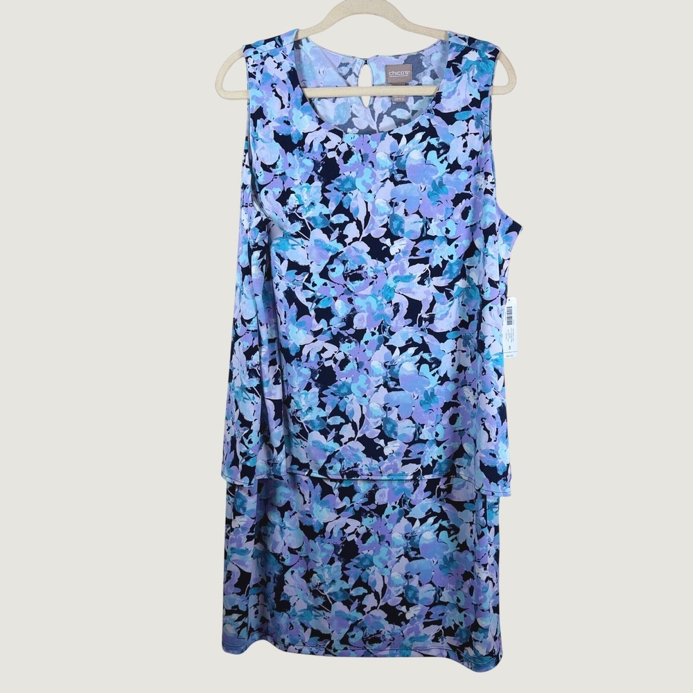 NEW Chico's Ellie Layered Knee Tank Dress XL Butterfly Lilac Floral Feminine